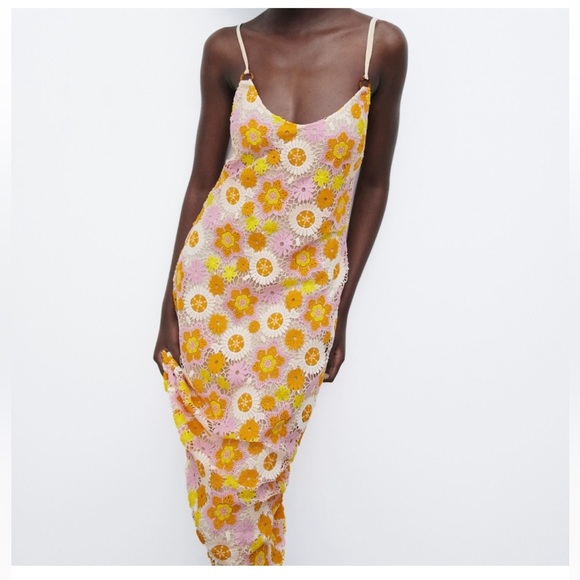 NWT Zara Flower Crochet Eyelet Midi Dress - Picture 9 of 9